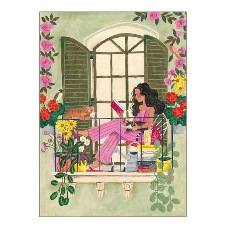 Caroline Bonne Müller poster 30x40 cm woman reads on balcony with cats