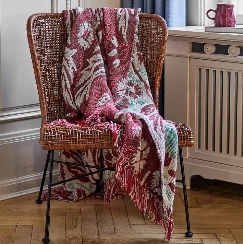 Jangal pledd 160x130 cm beige/rød/grønn