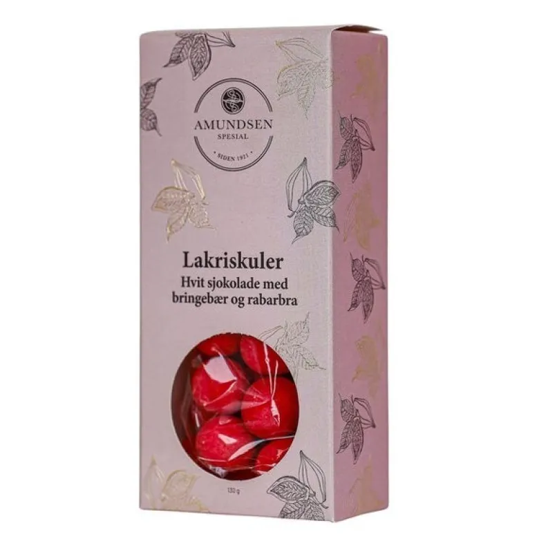 Lakriskuler 130 g hvit sjokolade m/bringebær og rabarbra