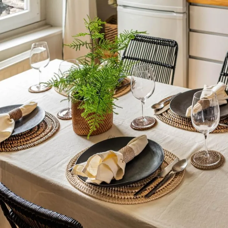 Rattan glassbrikke 6 stk i stativ beige