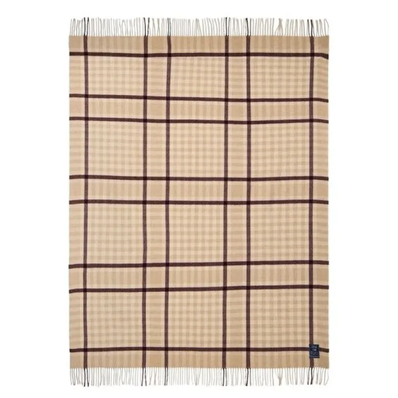 Rutete pledd ull 130x170 cm beige/fig