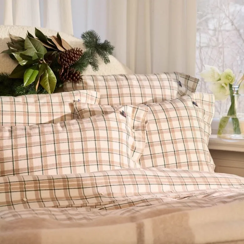 Sengesett flanell 200x220 cm rutete grønn/beige/hvit