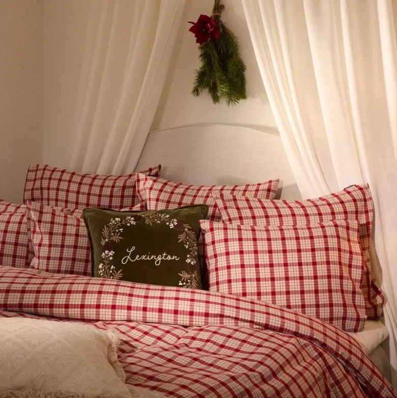 Sengesett flanell 200x220 cm rutete rød/beige
