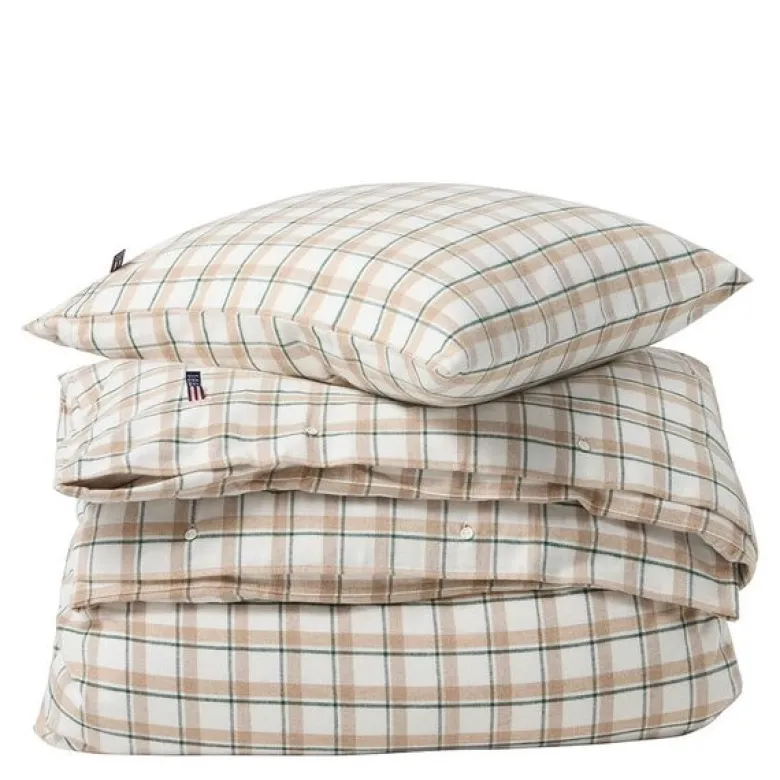 Sengesett flanell 140x200 cm rutete grønn/beige/hvit