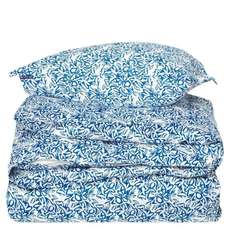 Sengesett 200x140 cm sateng blomstrete blå/hvit