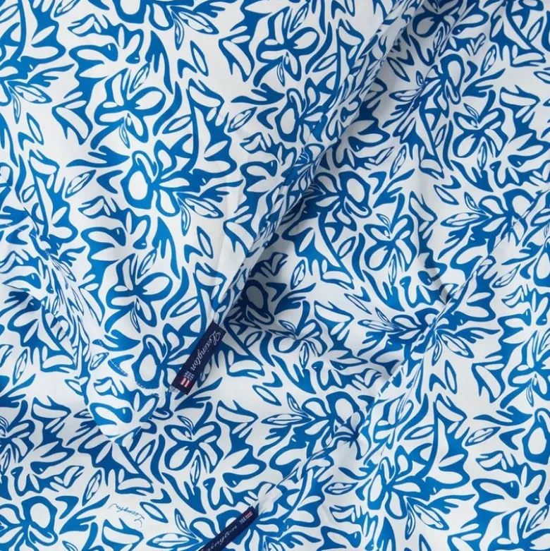 Sengesett 200x140 cm sateng blomstrete blå/hvit