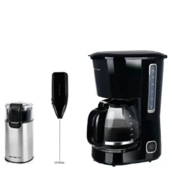 Sett med kaffetrakter 1,5L, melkeskummer og kaffekvern svart/rustfritt stål