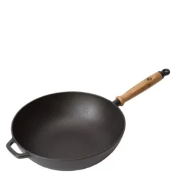 Signerat wokpanne støpejern 32 cm eiketre/svart