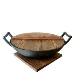 Støpejerns wok 36 cm m/glasslokk og trelokk