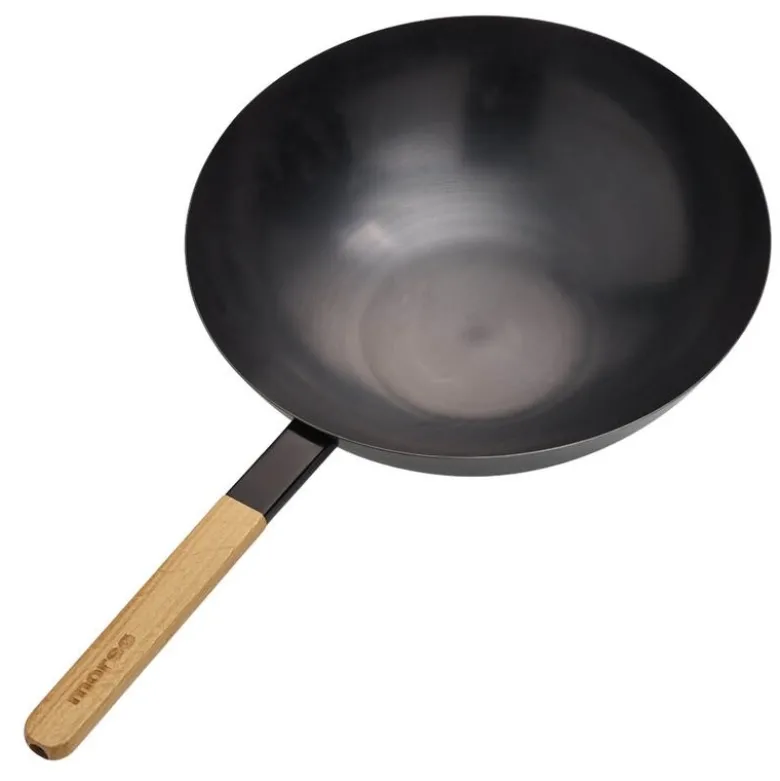 Vulcano wokpanne 36 cm karbonstål/eik